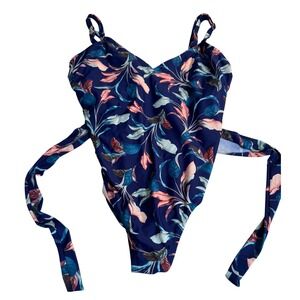Munah Navy Floral Print One‎ Piece Swimsuit Tie Waist V Neck Women's 22W